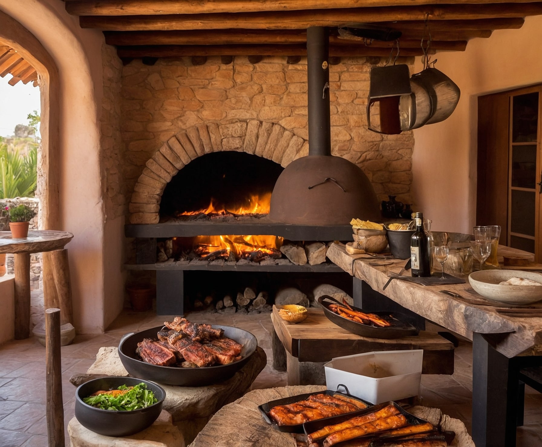 Asador con carnes a la brasa y ambiente acogedor